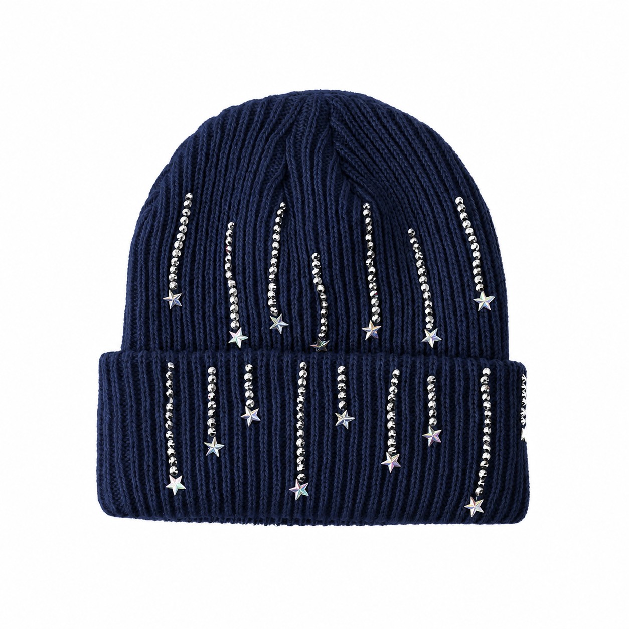 Polyester Star Accent Cuffed Beanie — Navy Blue