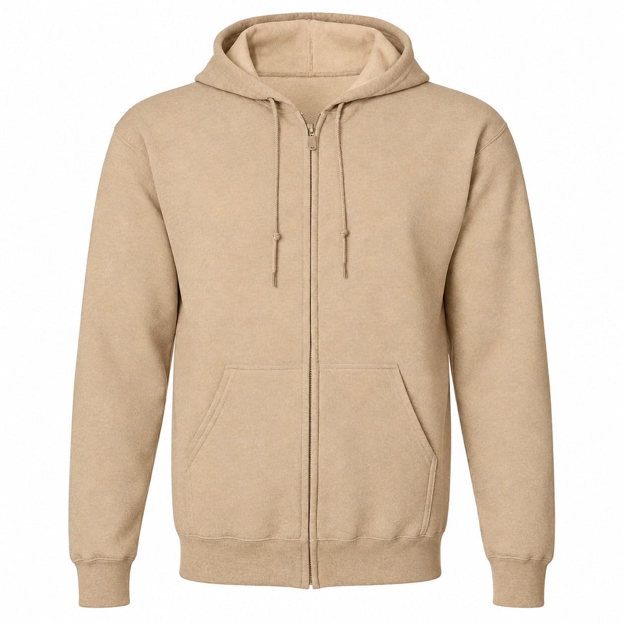 Full Zip Cotton Polyester Fleece Hoodie — Tan Beige
