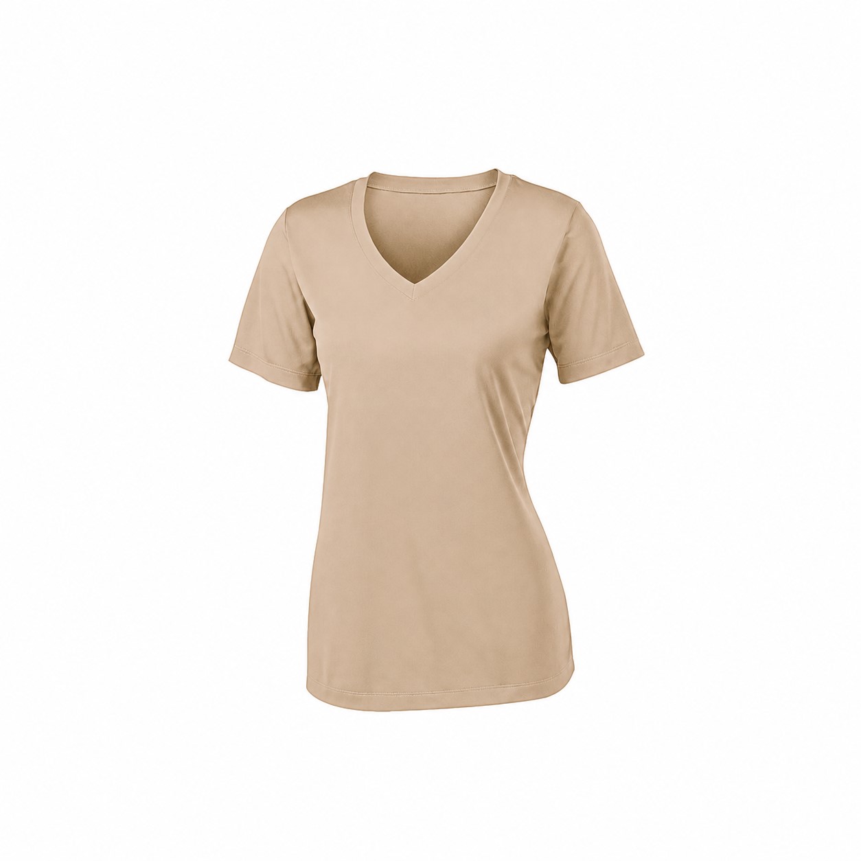 Ladies Polyester V Neck Athletic Tee — Tan Beige