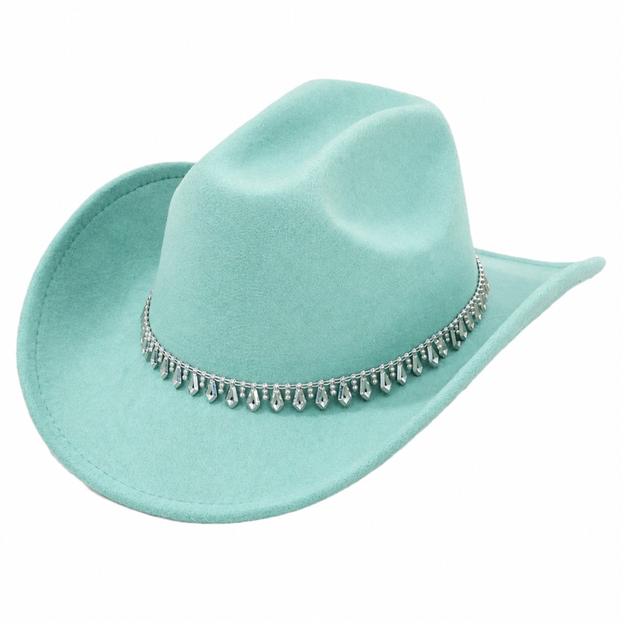 Rhinestone Band Polyester Cowboy Hat — Mint Blue