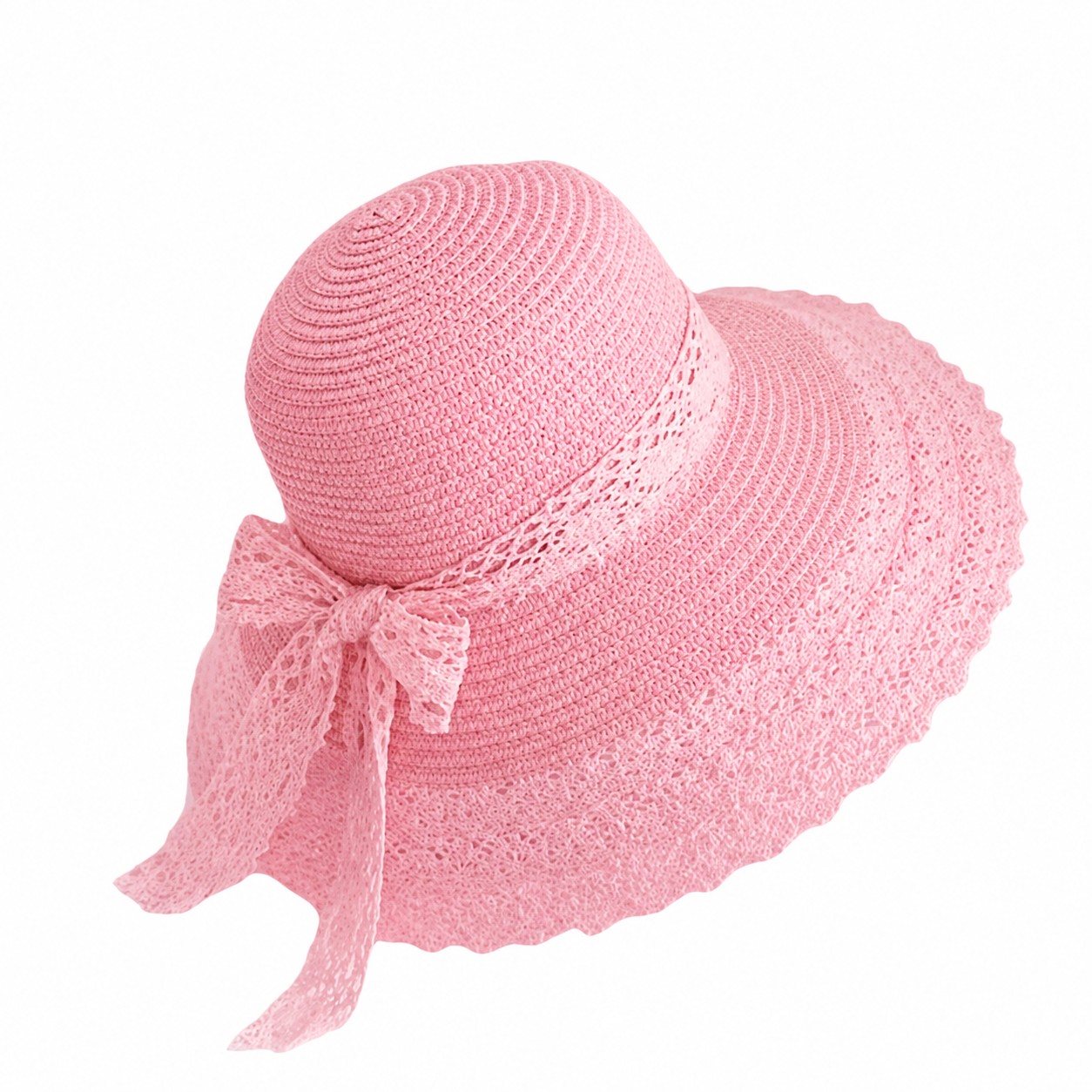 Lace Trim Straw Beach Hat — Pink