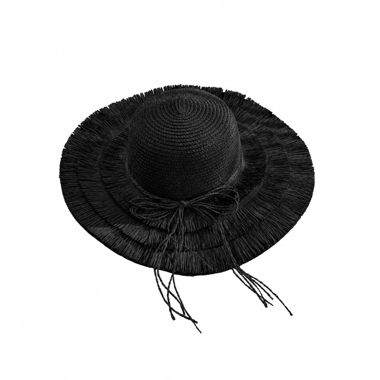 Straw Fringe Wide Brim Sun Hat — Black