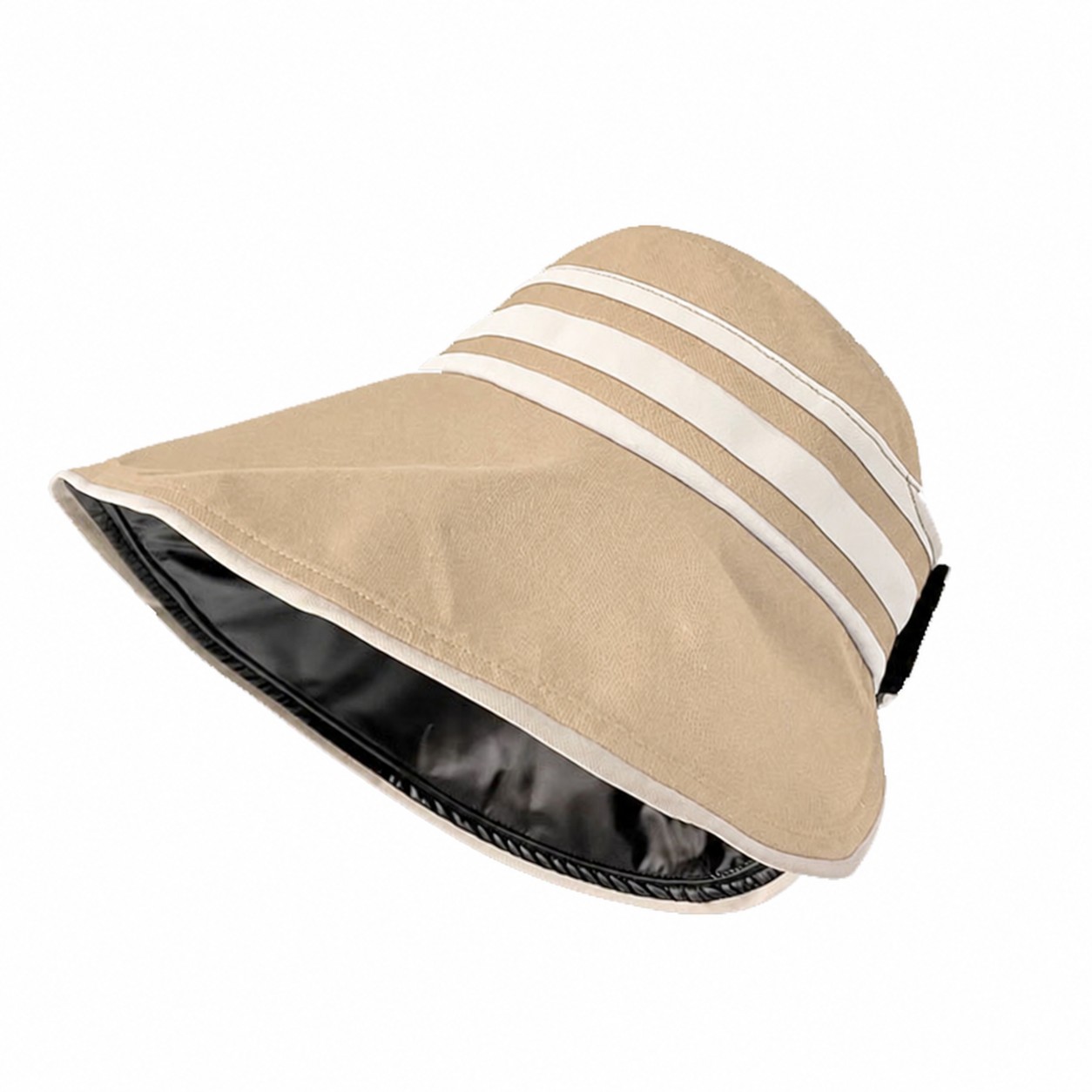 Striped Polyester Wide Brim Sun Hat — Khaki Beige