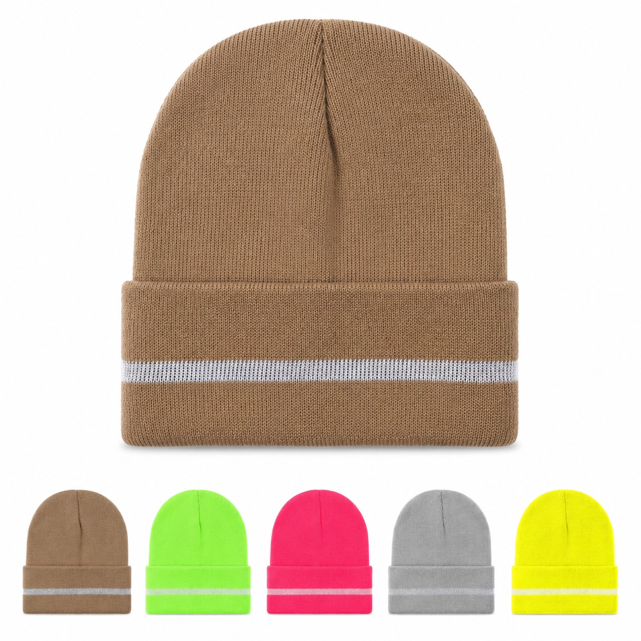 Reflective Stripe Polyester Cuffed Beanie