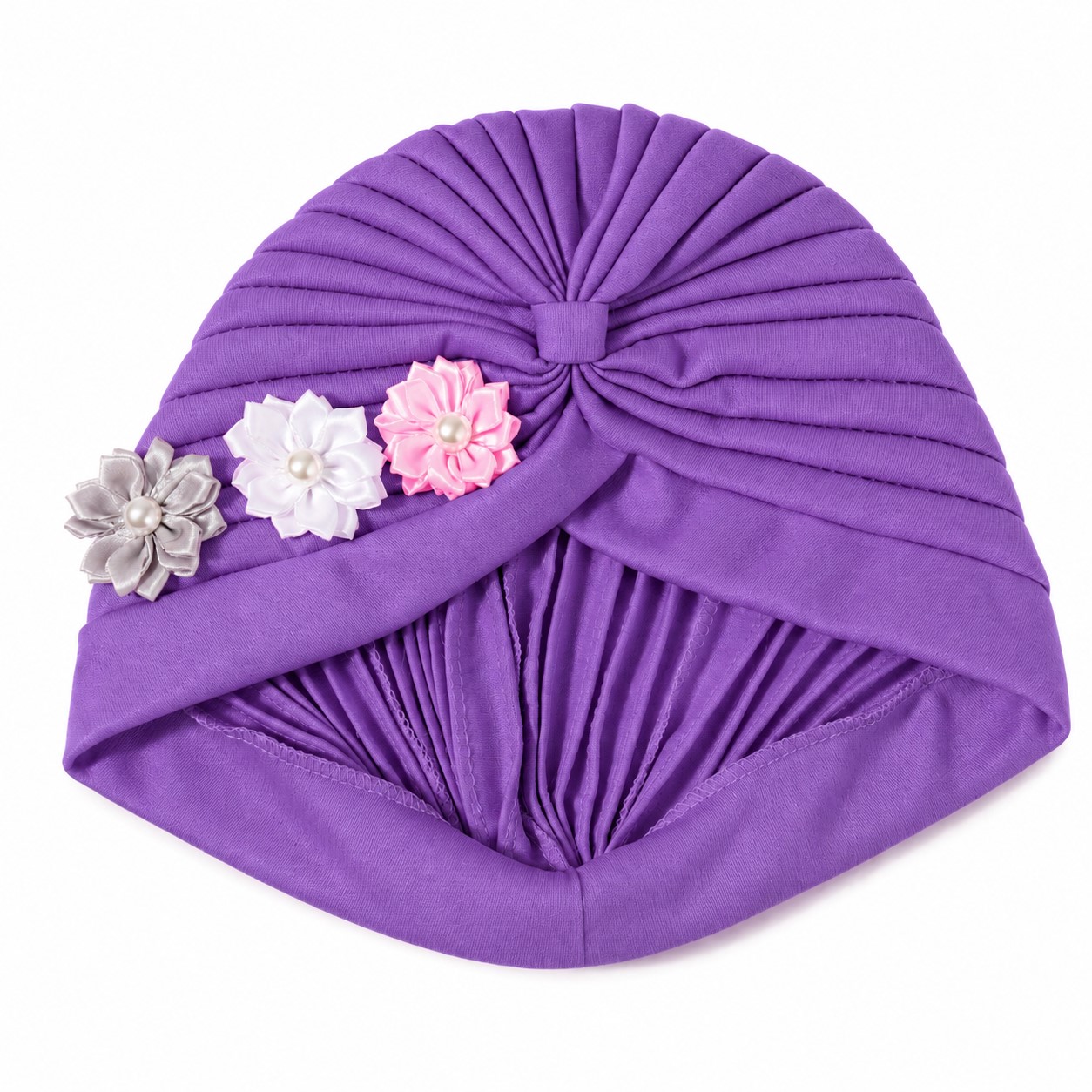 Pleated Polyester Floral Turban Wrap — Purple