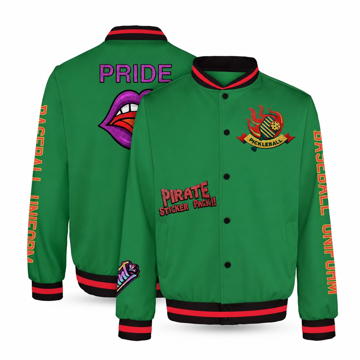 Button-Front Polyester-Spandex Varsity Jacket — Green