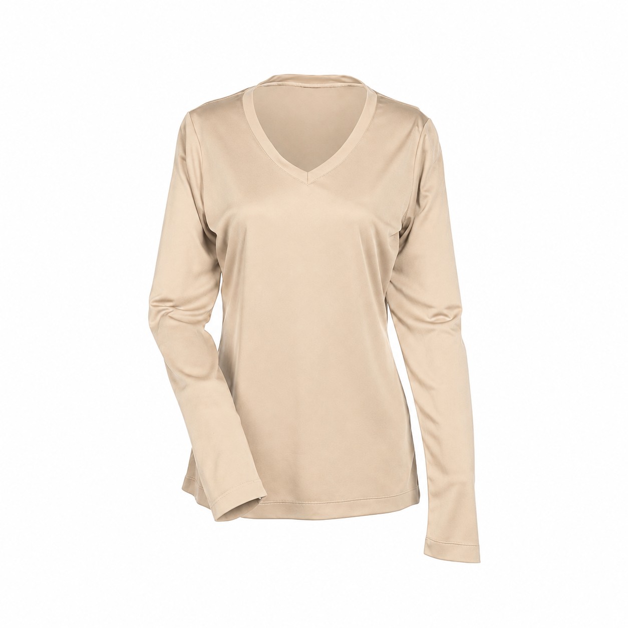 Ladies' Polyester Long-Sleeve V-Neck Shirt — Beige