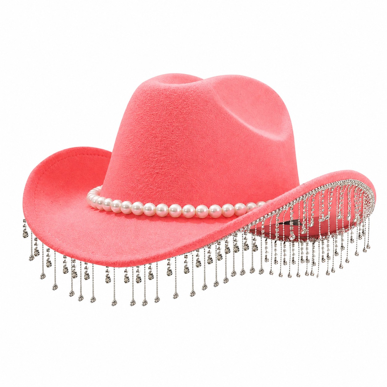 Pearl Fringe Polyester Fedora Hat — Coral Pink