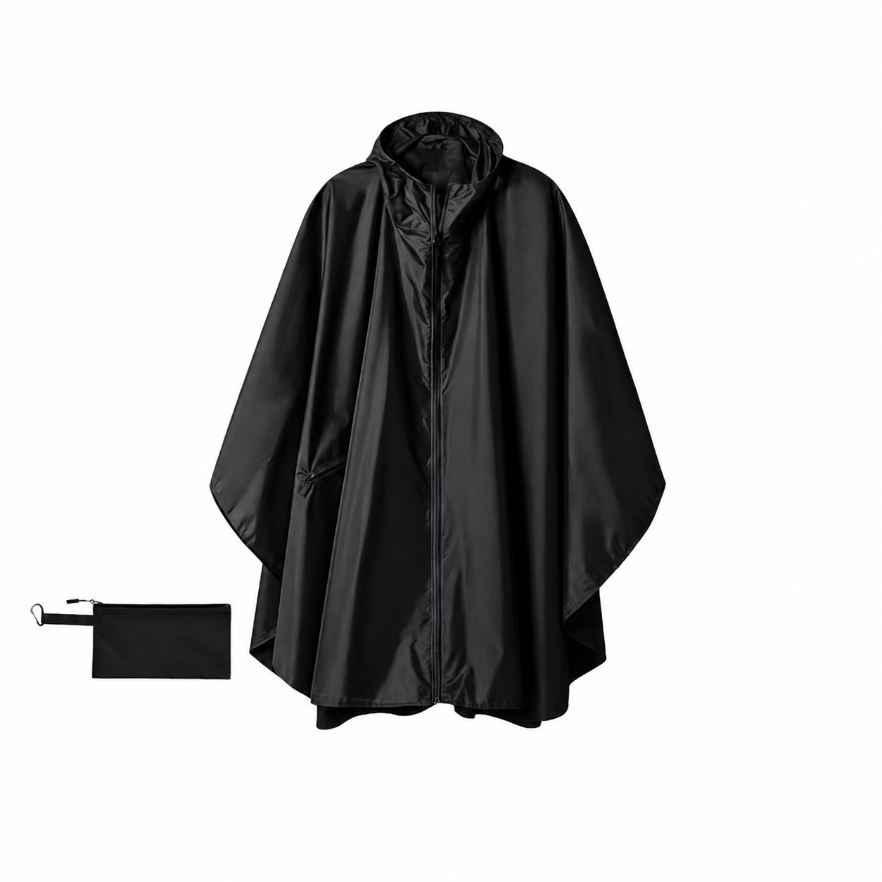 Zippered Polyester Rain Poncho — Black