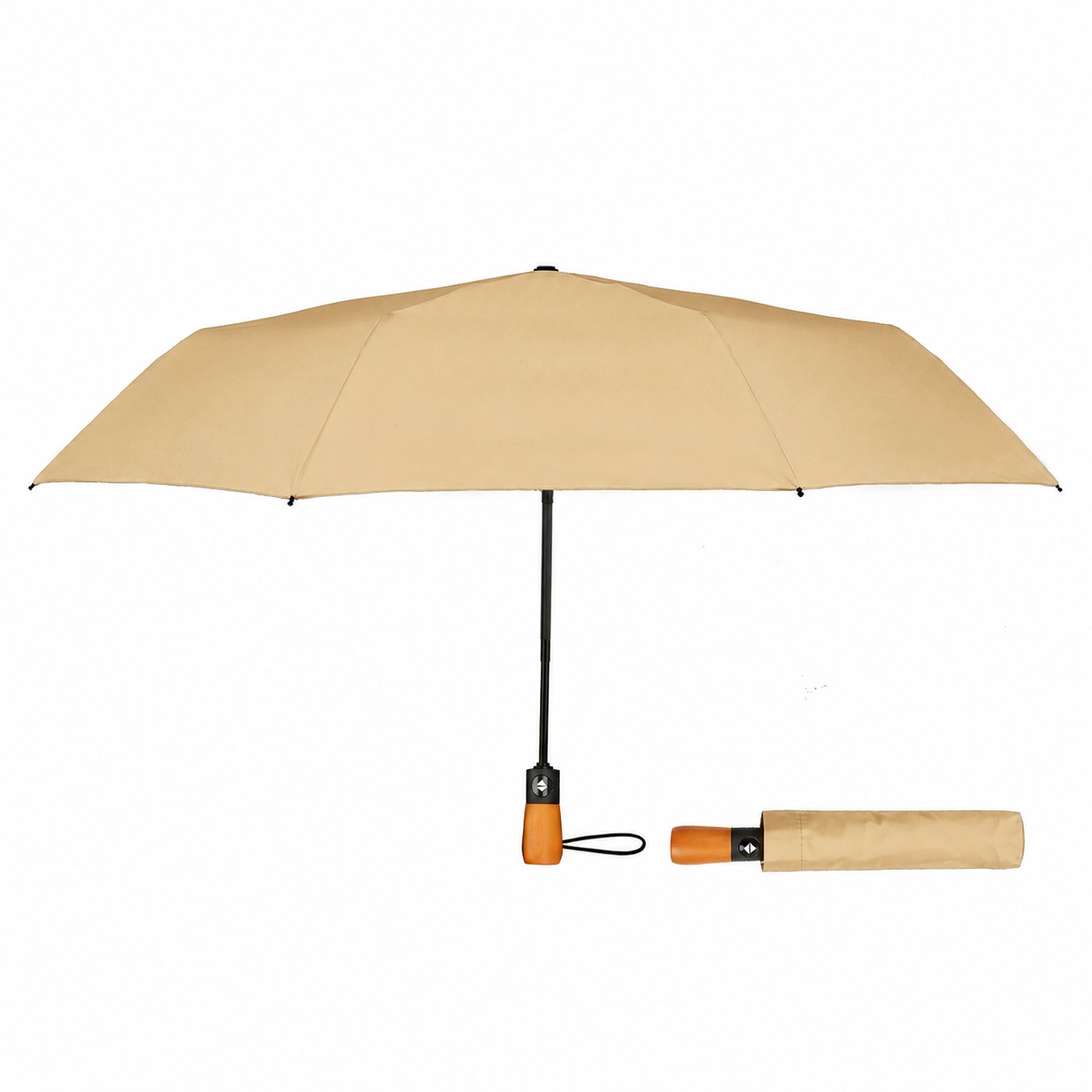 Wooden Handle Auto Open Umbrella — Yellow/Khaki Beige