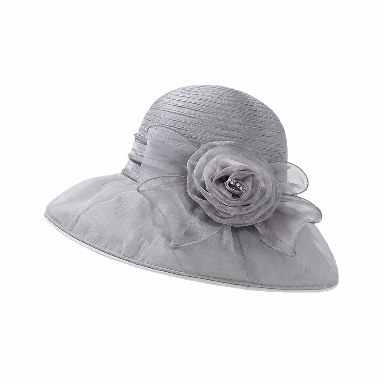 Organza Wide Brim Flower Hat — Gray