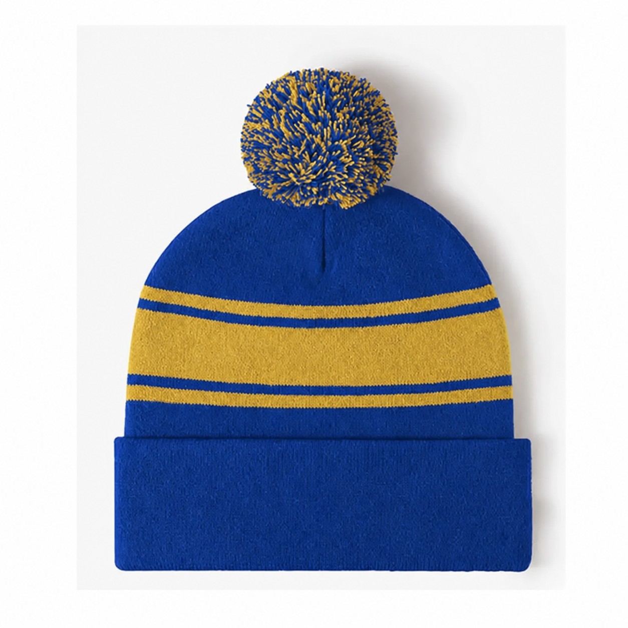 Acrylic Stripe Pom Beanie Hat — Blue