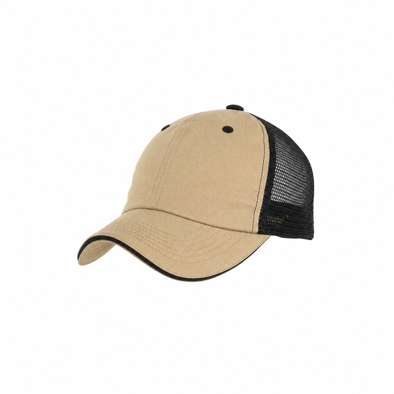 Washed Cotton Mesh Trucker Cap — Khaki Beige/Black