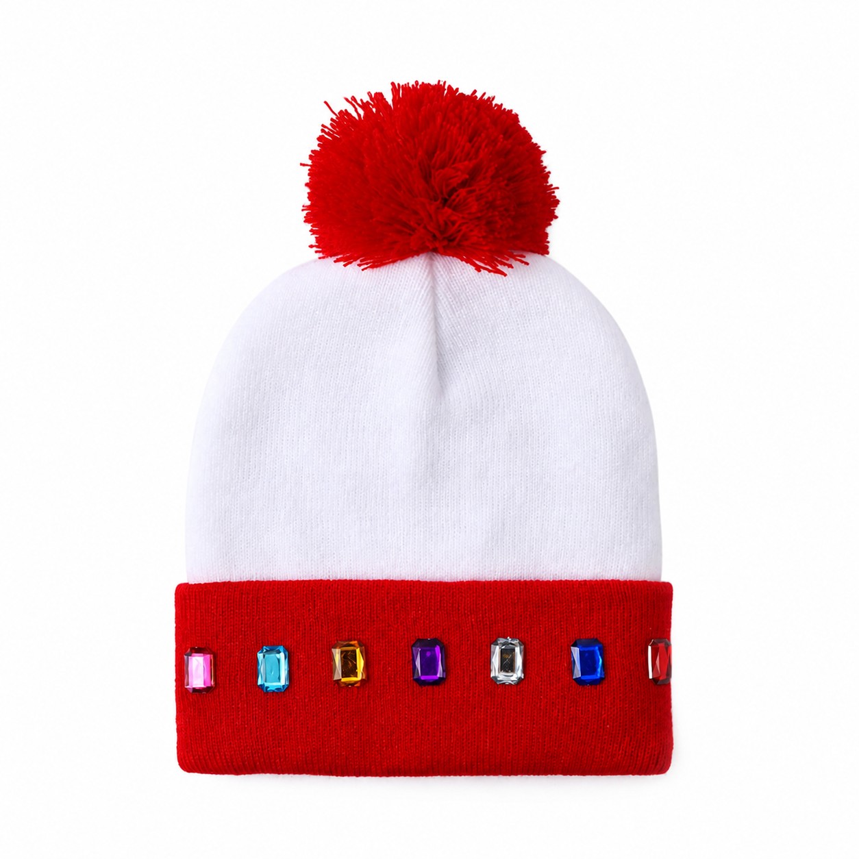 Jeweled Polyester Pom Beanie — Red