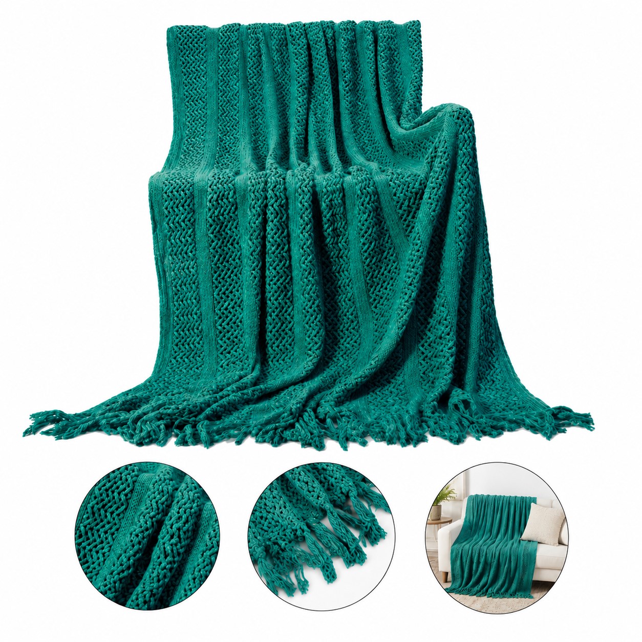 Tasseled Fabric Cable Knit Throw Blanket