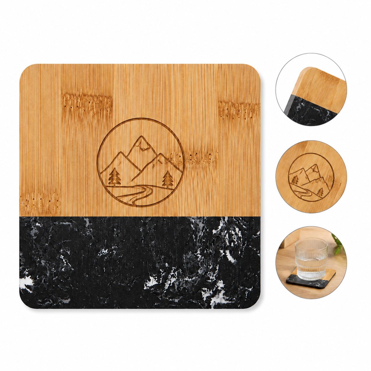 Square Wood Drink Coaster With Stone Accent