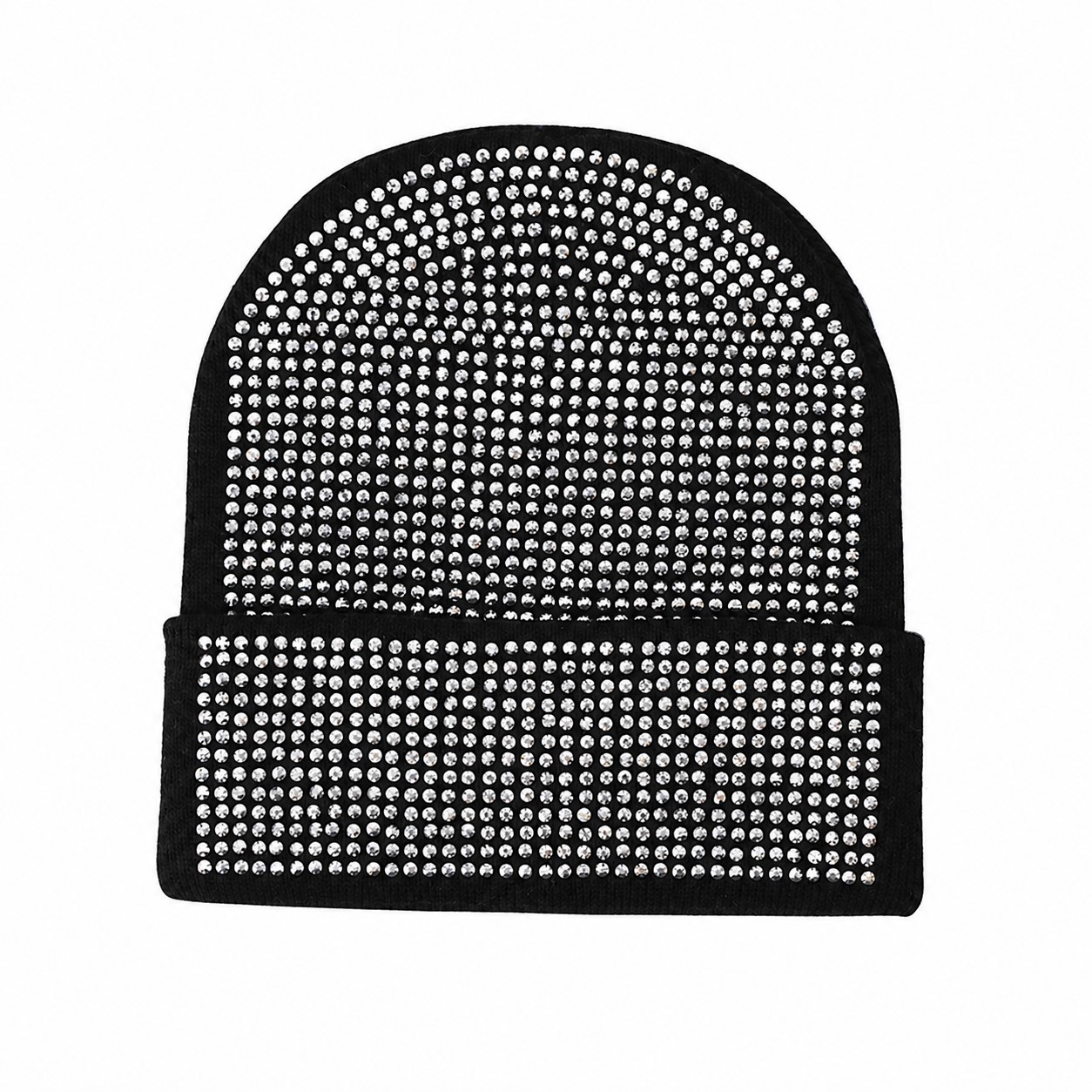 Rhinestone Polyester Cuffed Beanie — Black