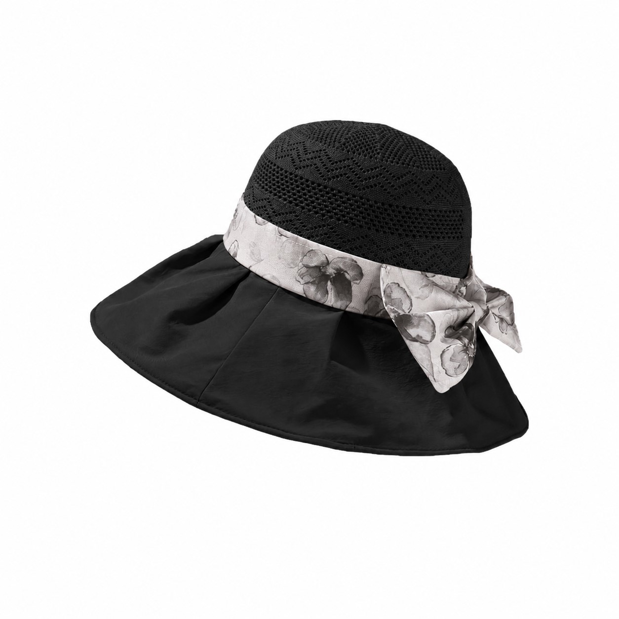 Scarf Tie Polyester Sun Hat — Black