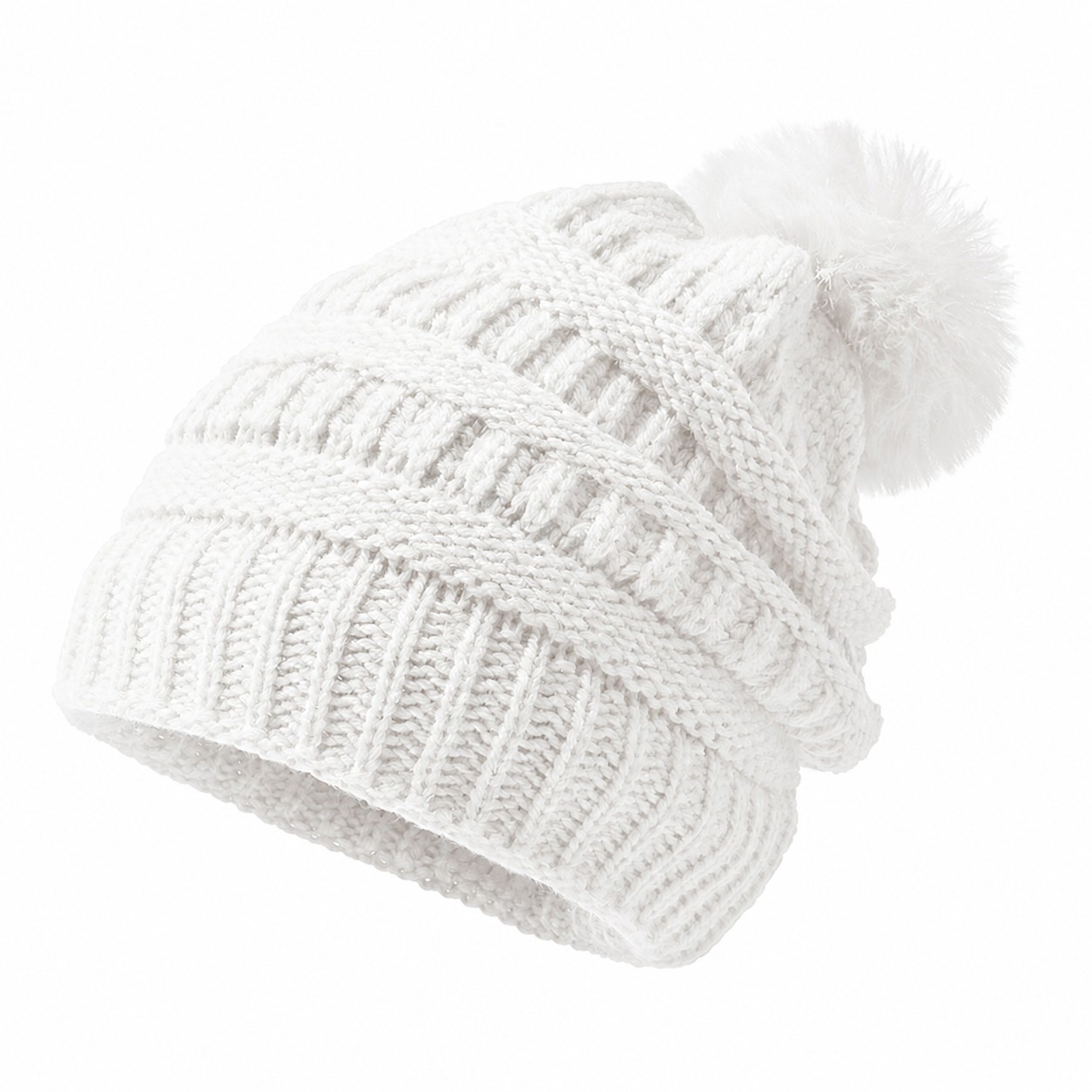 Ribbed Acrylic Pom Beanie Hat — White