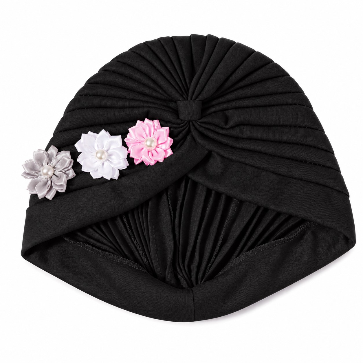 Pleated Polyester Floral Turban Wrap — Black