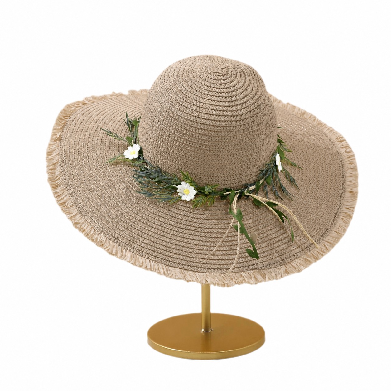 Straw Garland Wide Brim Sun Hat — Khaki Beige