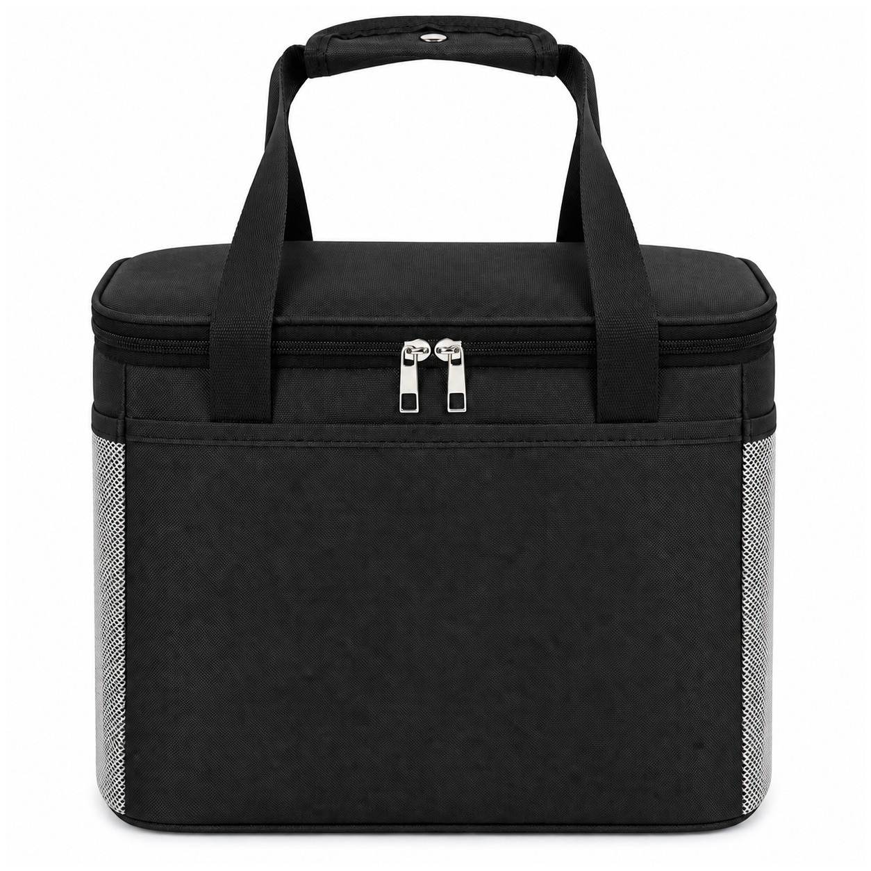 Nylon Dual Zipper Insulated Cooler Bag w/ Mesh Pockets — Black