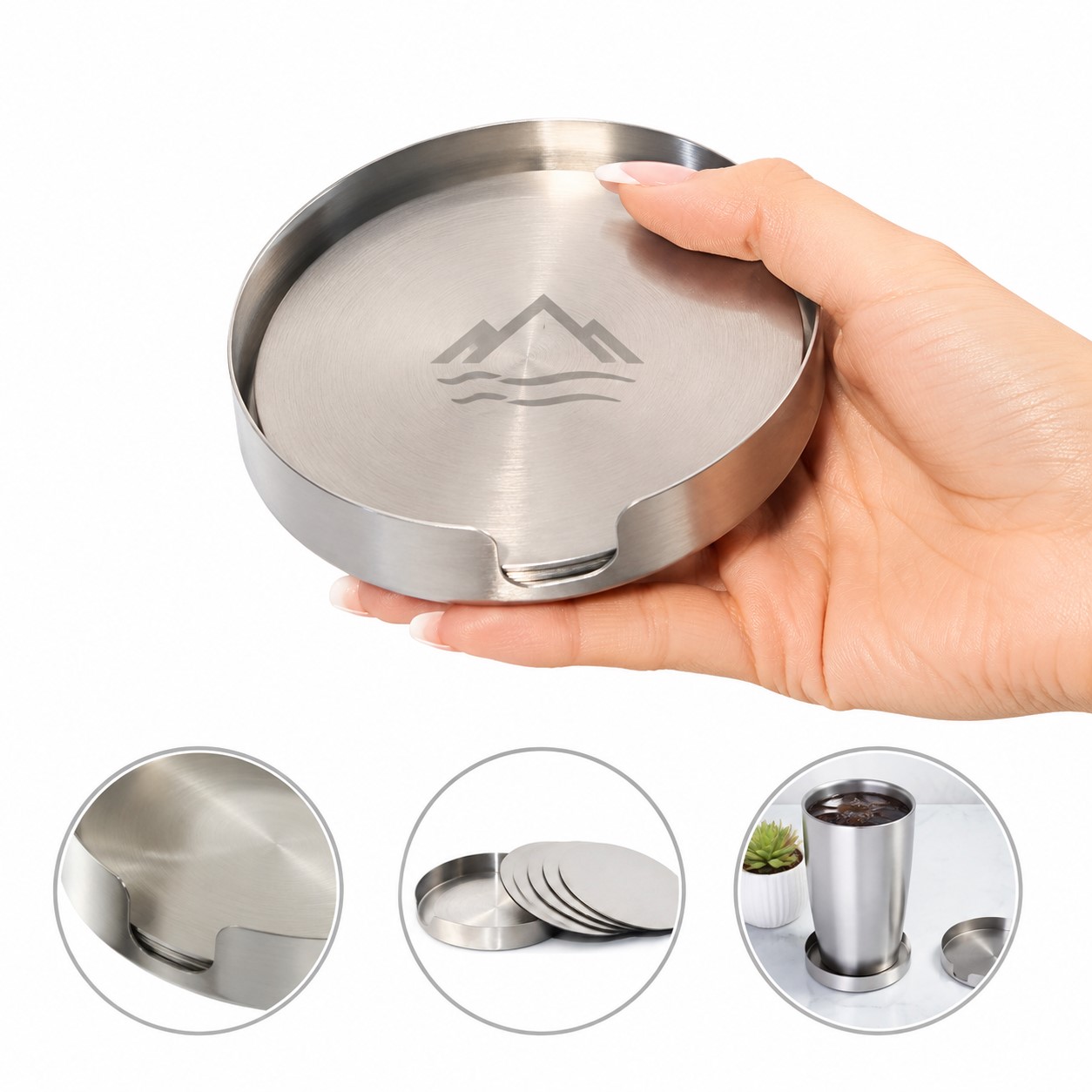 Round Stainless Steel Coaster Set With Holder