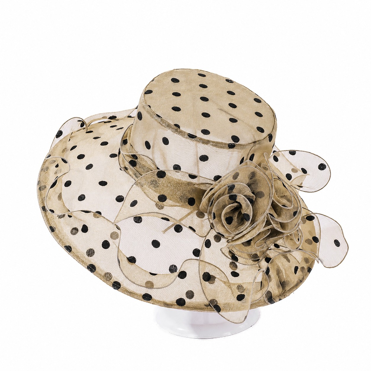 Organza Polka Dot Flower Hat — Khaki Beige