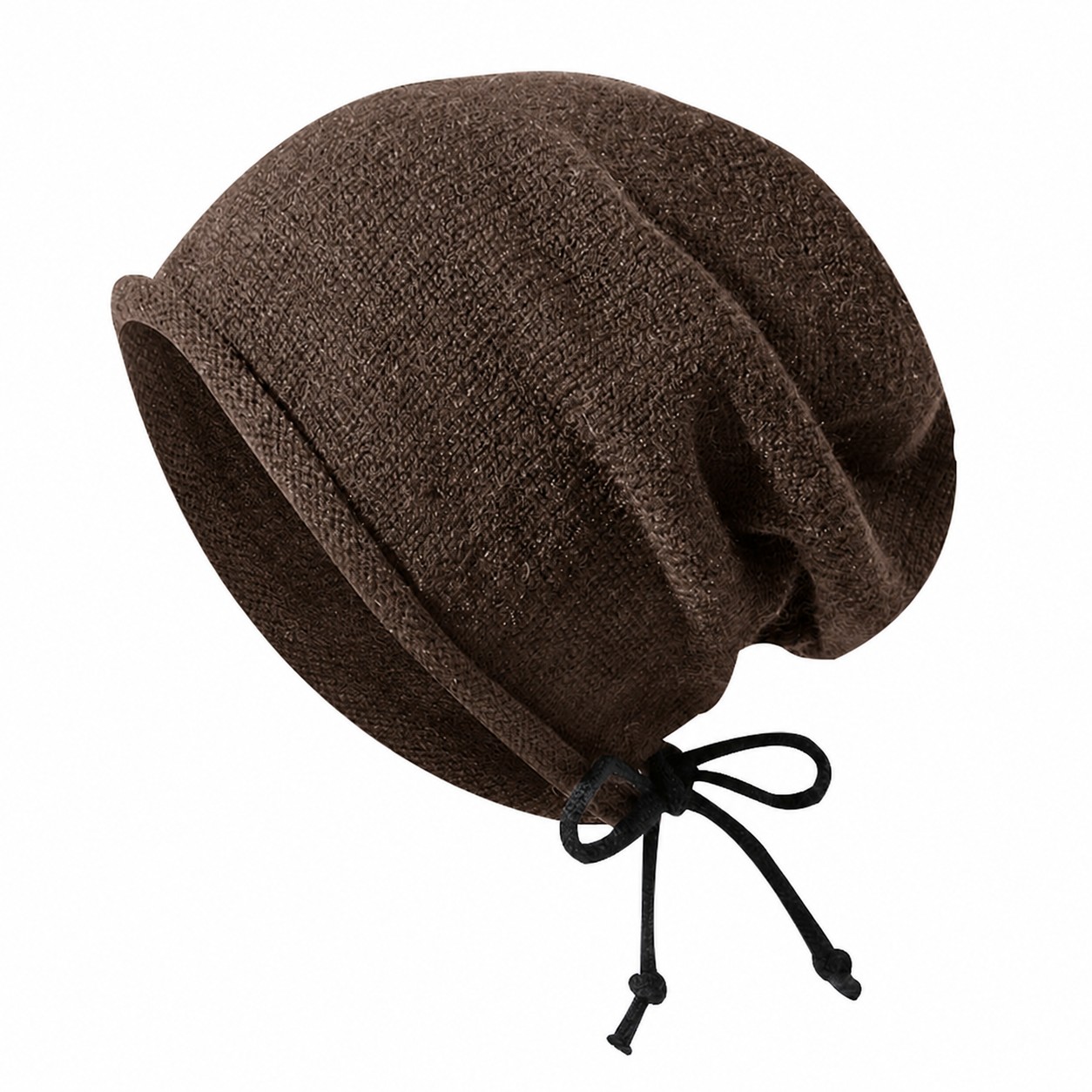 Drawstring Polyester Slouch Beanie — Coffee Brown