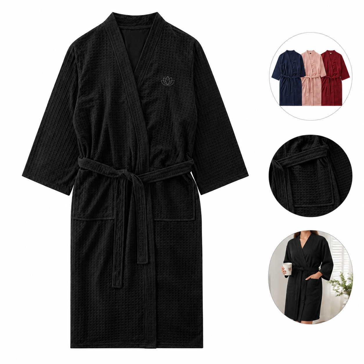 Women's Tie Waist Waffle Polyester Bathrobe