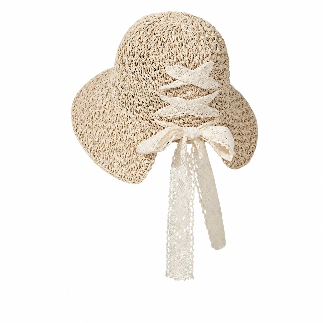 Straw Lace Tie Sun Hat — Beige