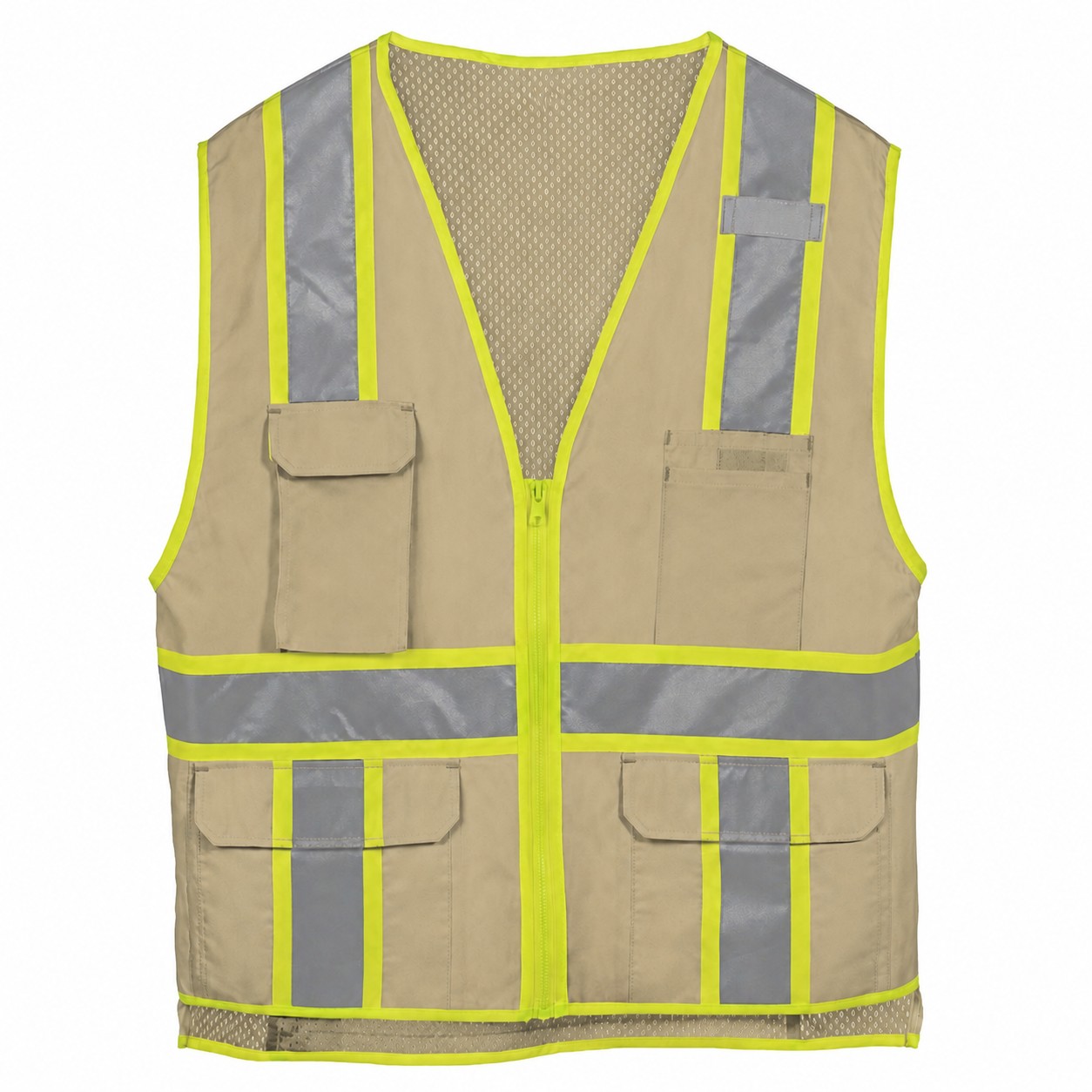Full Zip Polyester Utility Vest — Tan Beige