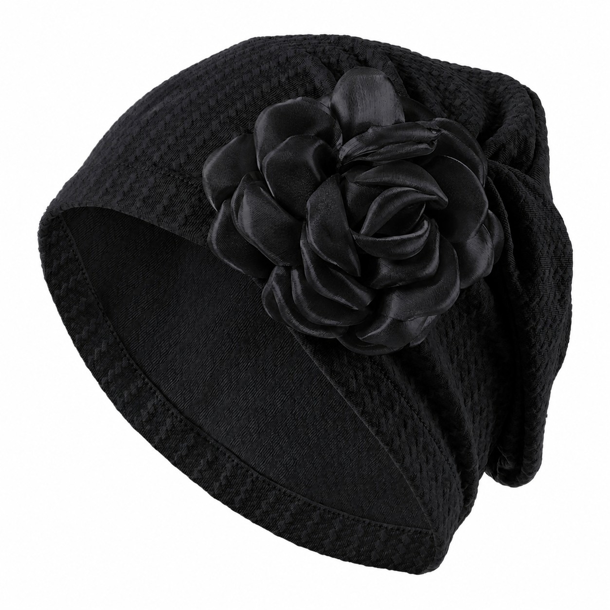 Polyester Floral Side Turban Hat — Black