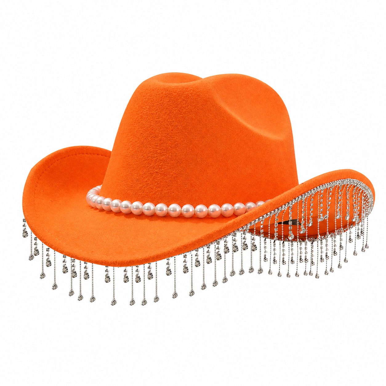Pearl Fringe Polyester Fedora Hat — Orange