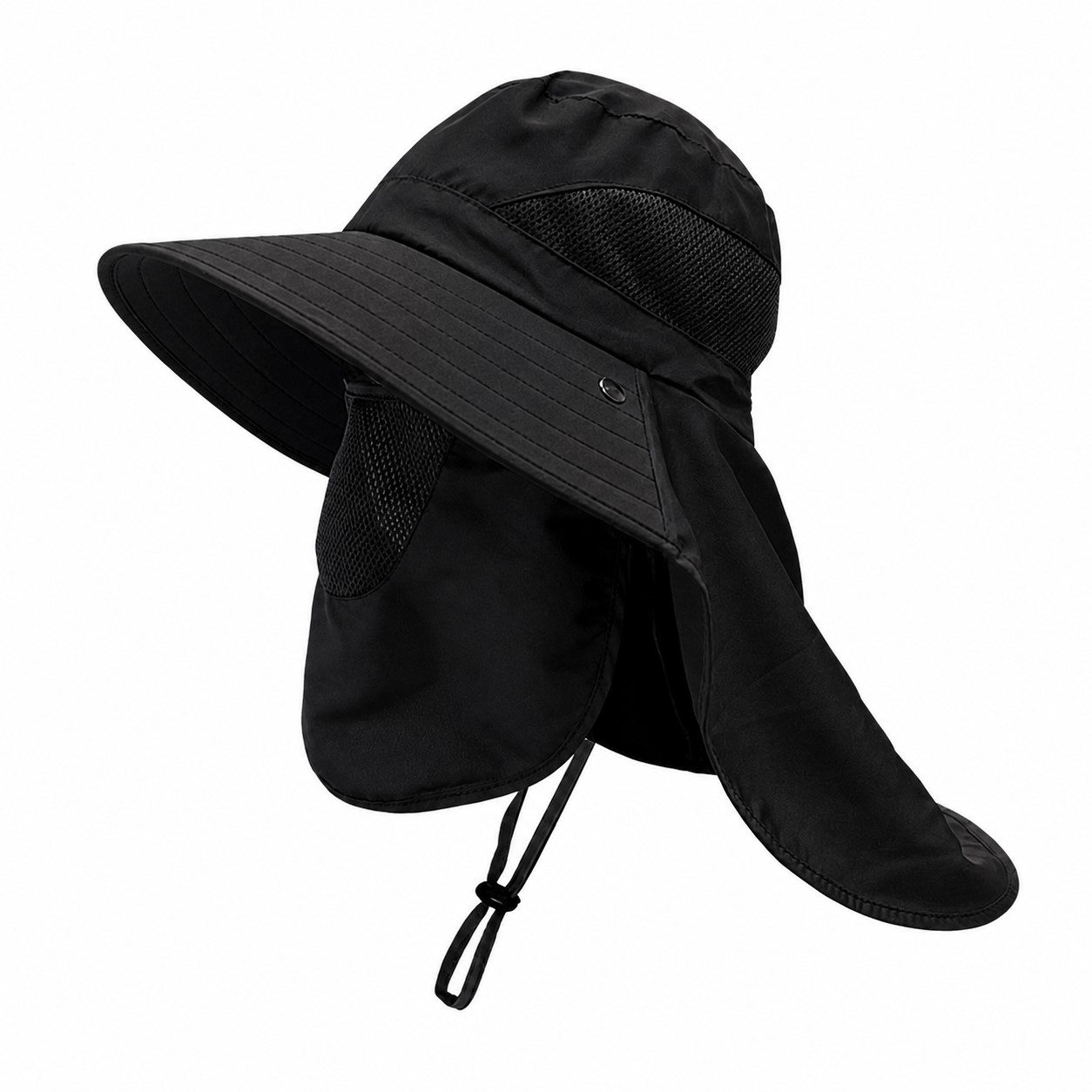 Polyester Neck Flap Fishing Hat — Black