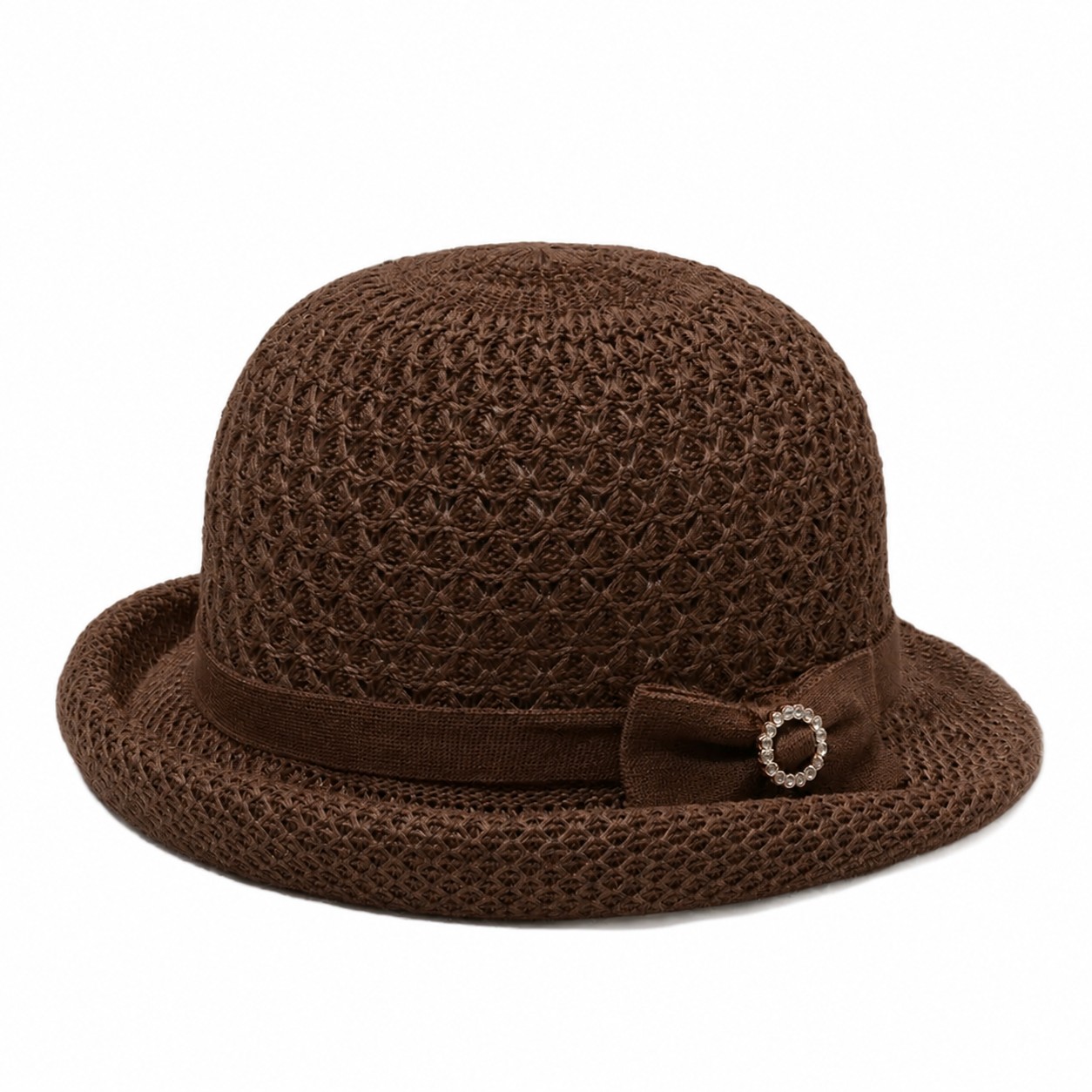 Straw Rolled Brim Cloche Hat — Brown