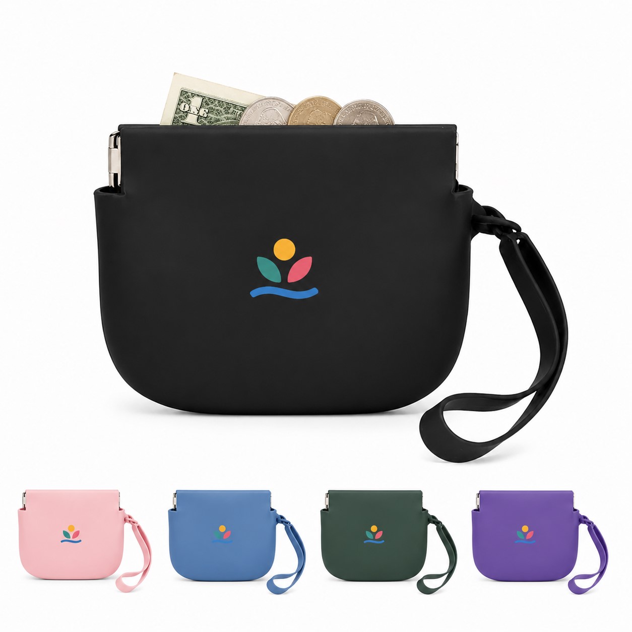 Silicone Spring Closure Coin Pouch With Strap