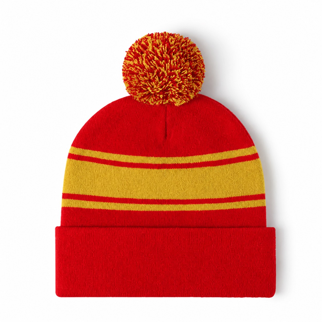 Acrylic Stripe Pom Beanie Hat — Red