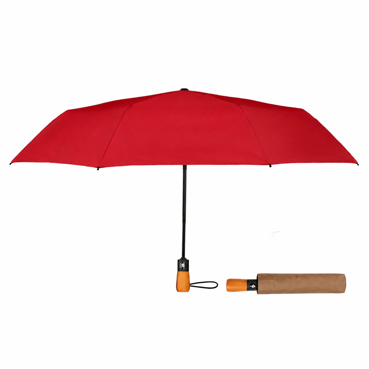 Wooden Handle Auto Open Umbrella — Red/Khaki Beige/Brown