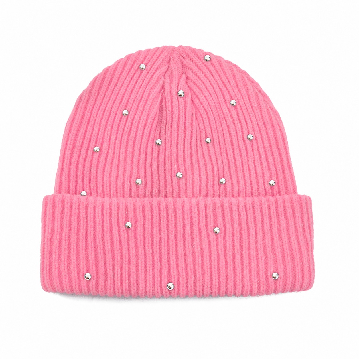 Polyester Rhinestone Cuffed Beanie — Pink