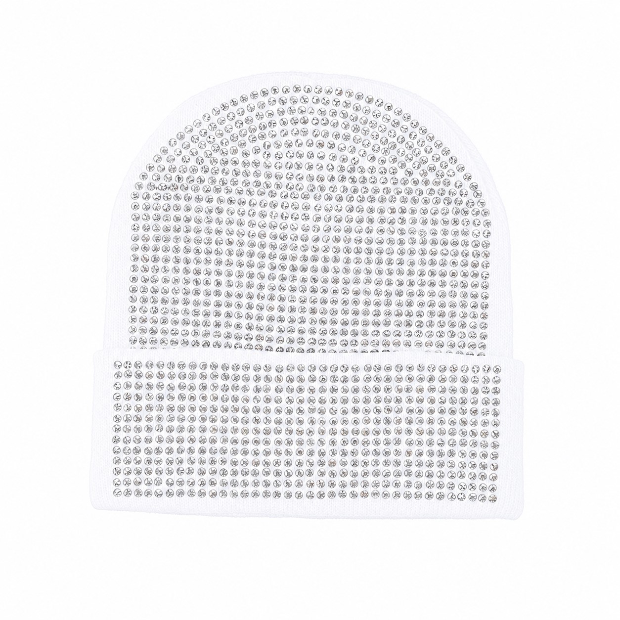 Rhinestone Polyester Cuffed Beanie — White