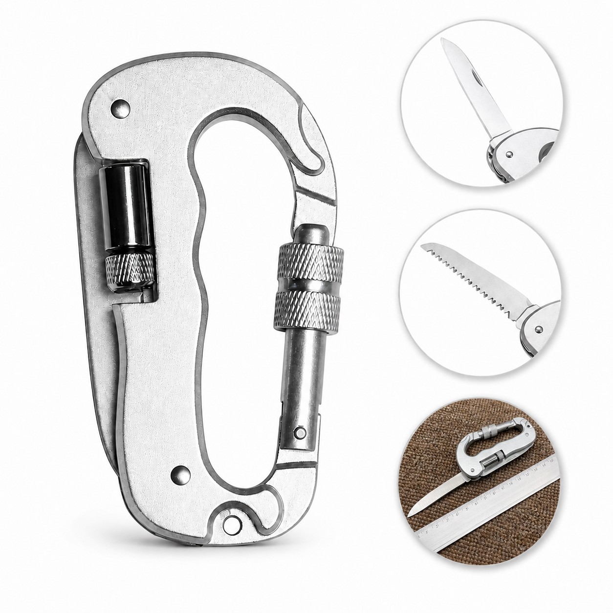 Metal Carabiner Utility Knife With Folding Blade And Light — view 1