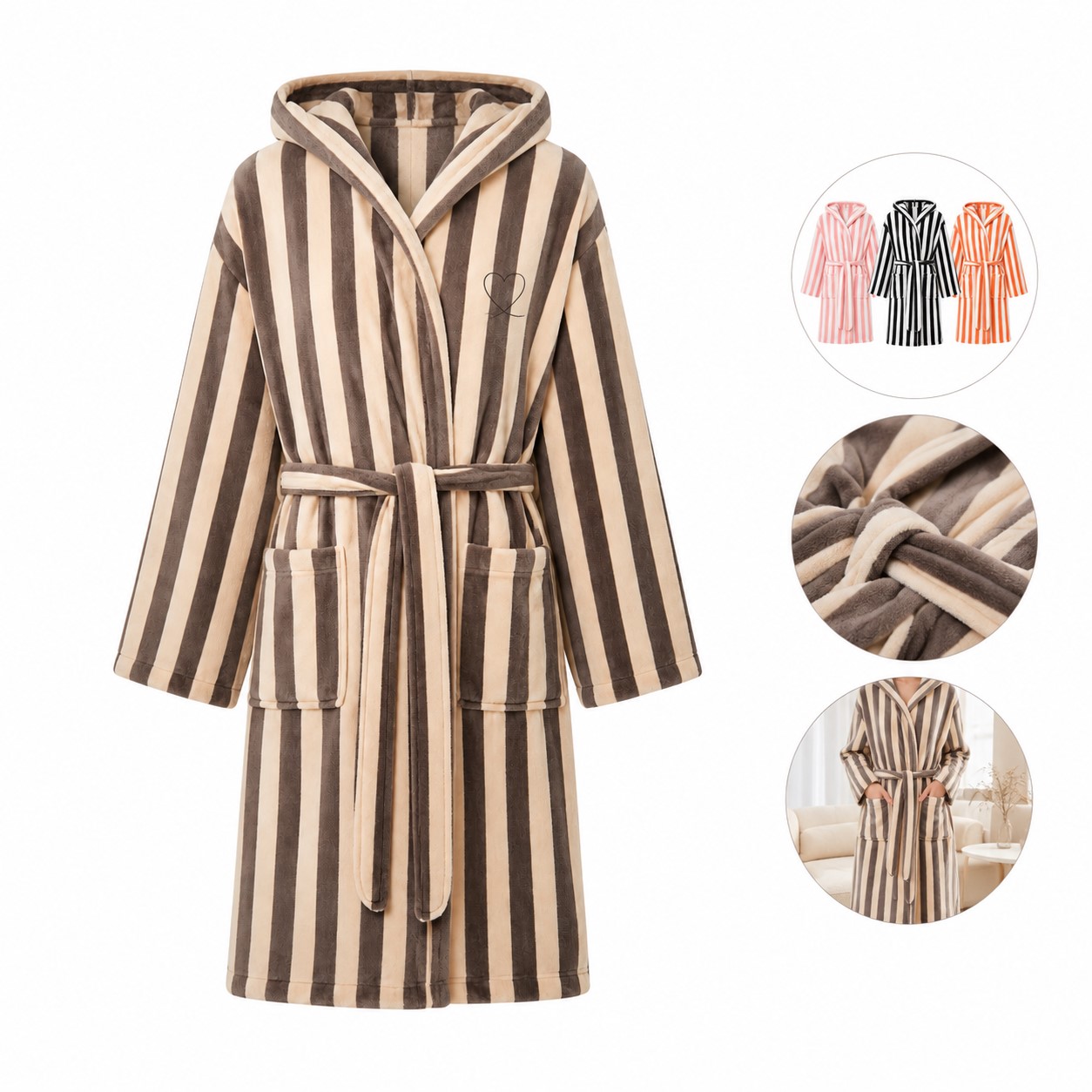 Striped Fleece Hooded Bathrobe With Tie Belt