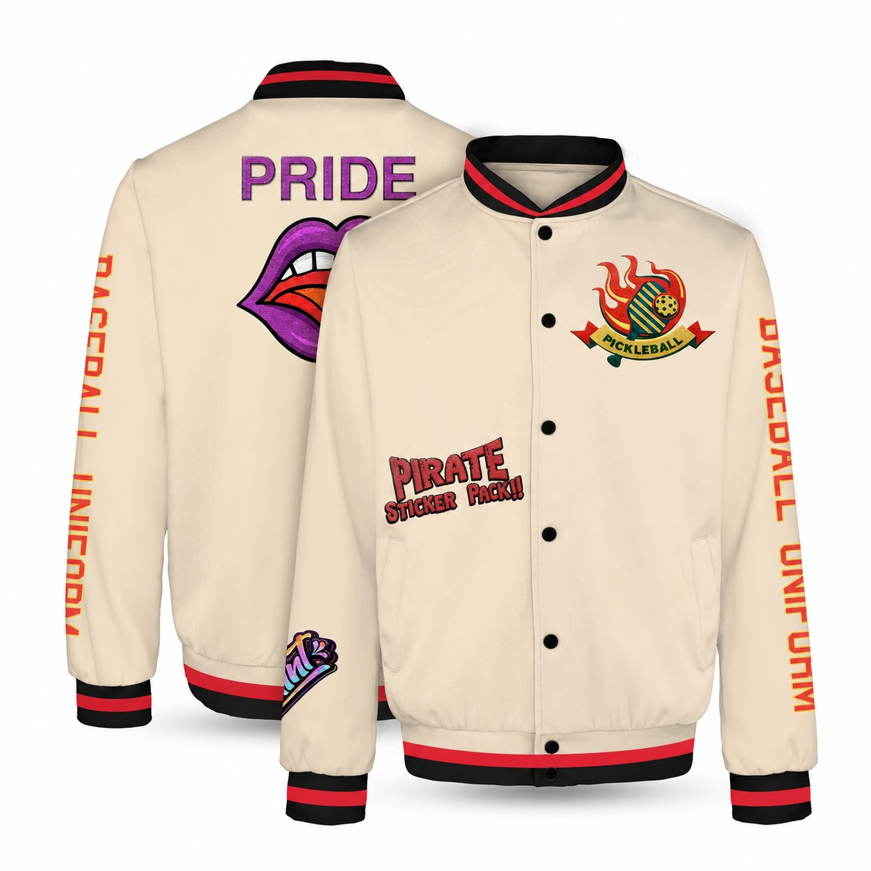 Button-Front Polyester-Spandex Varsity Jacket — Natural Beige