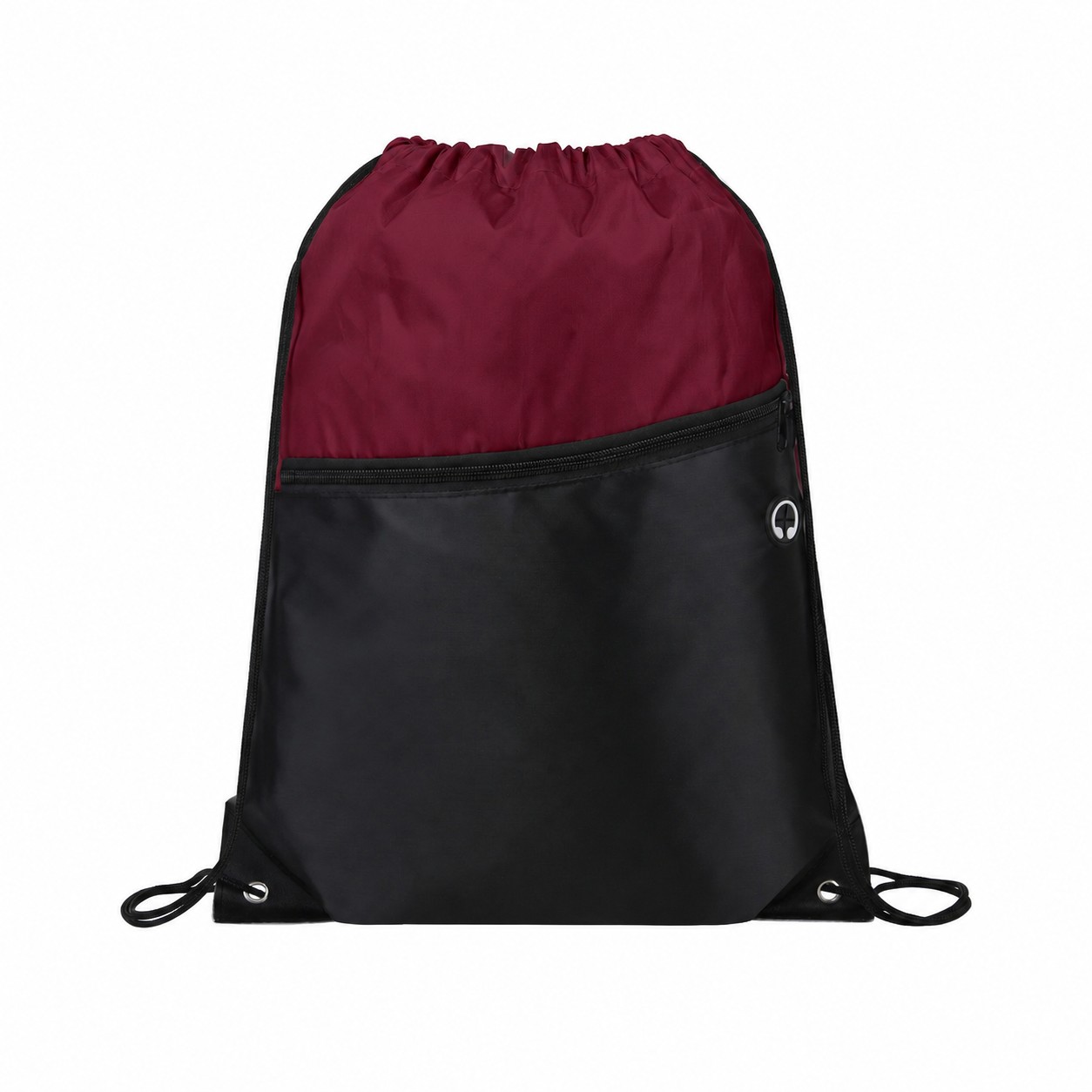 Two-Tone Zipper Drawstring Backpack — Burgundy Red