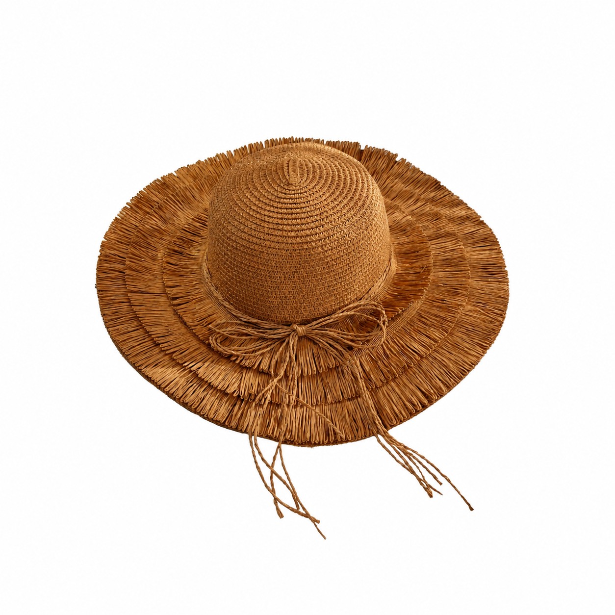 Straw Fringe Wide Brim Sun Hat — Camel Brown