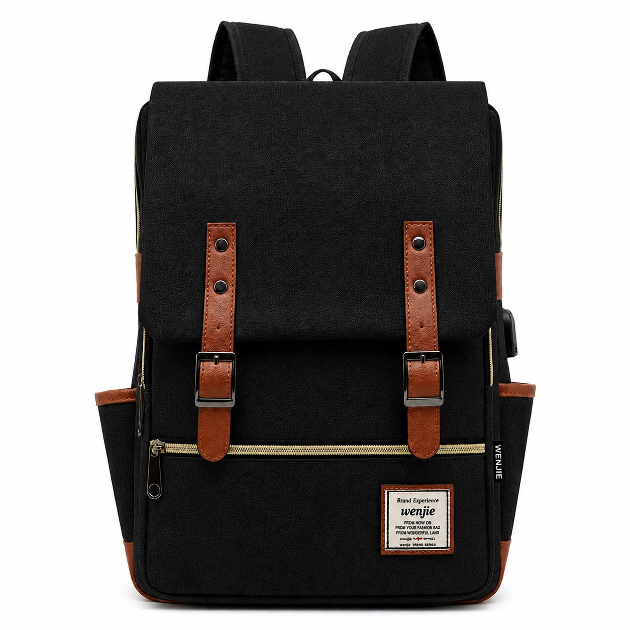 Slim Polyester Laptop Backpack With Charger Port — Black