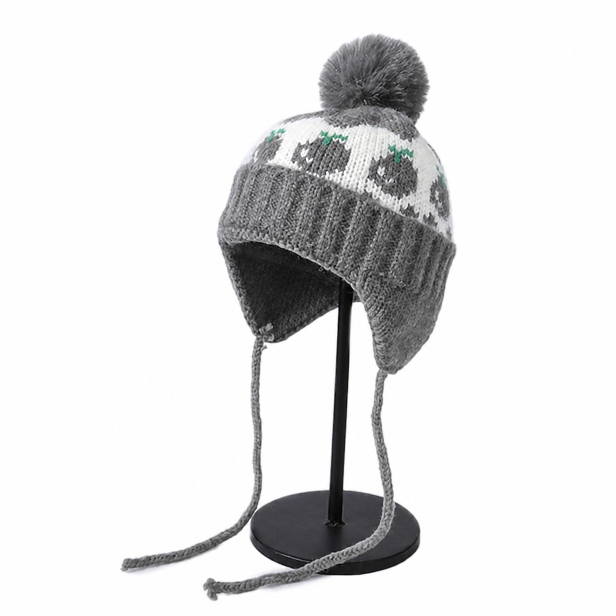 Acrylic Cherry Earflap Pom Beanie — Gray