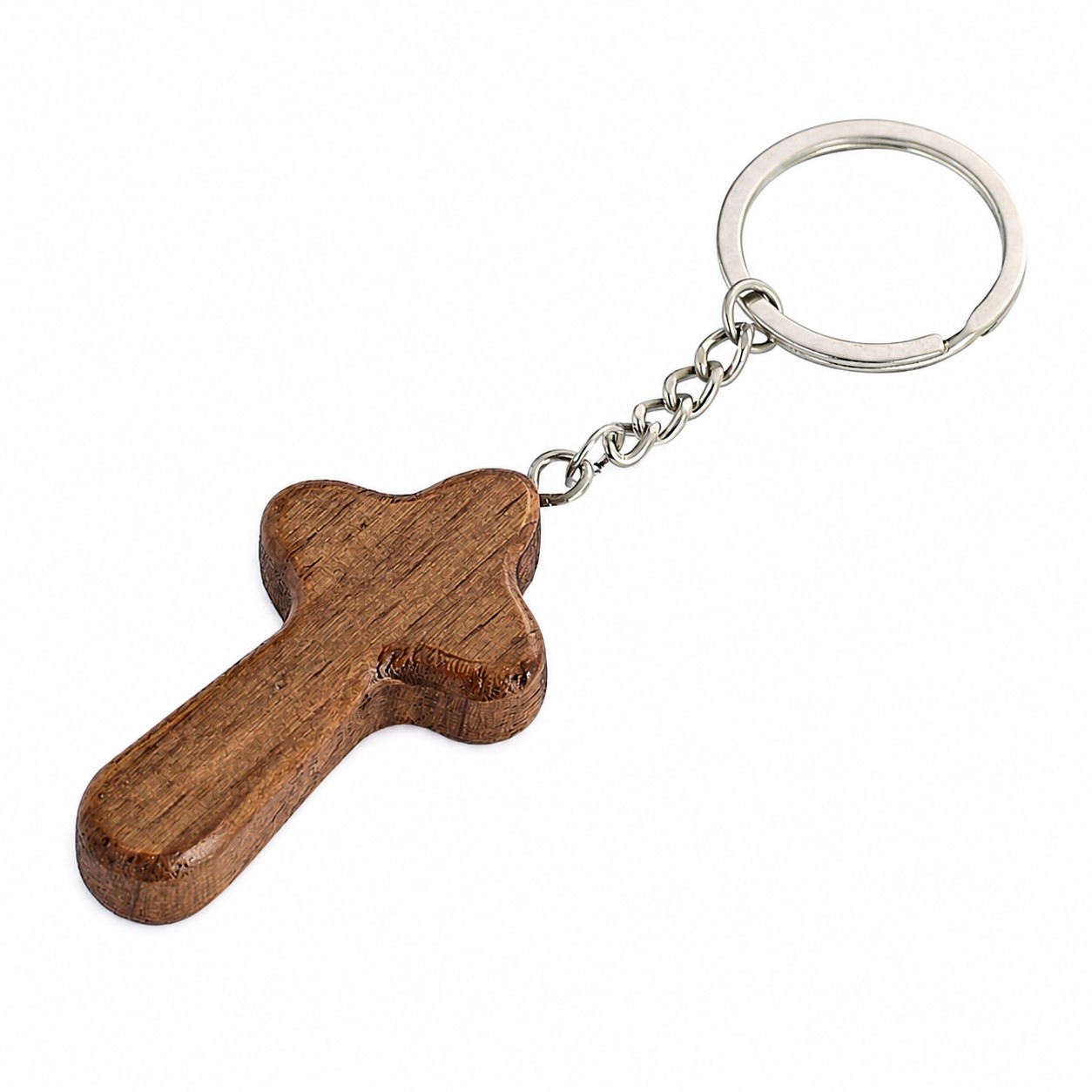 Wood Cross Split Ring Keychain — Brown
