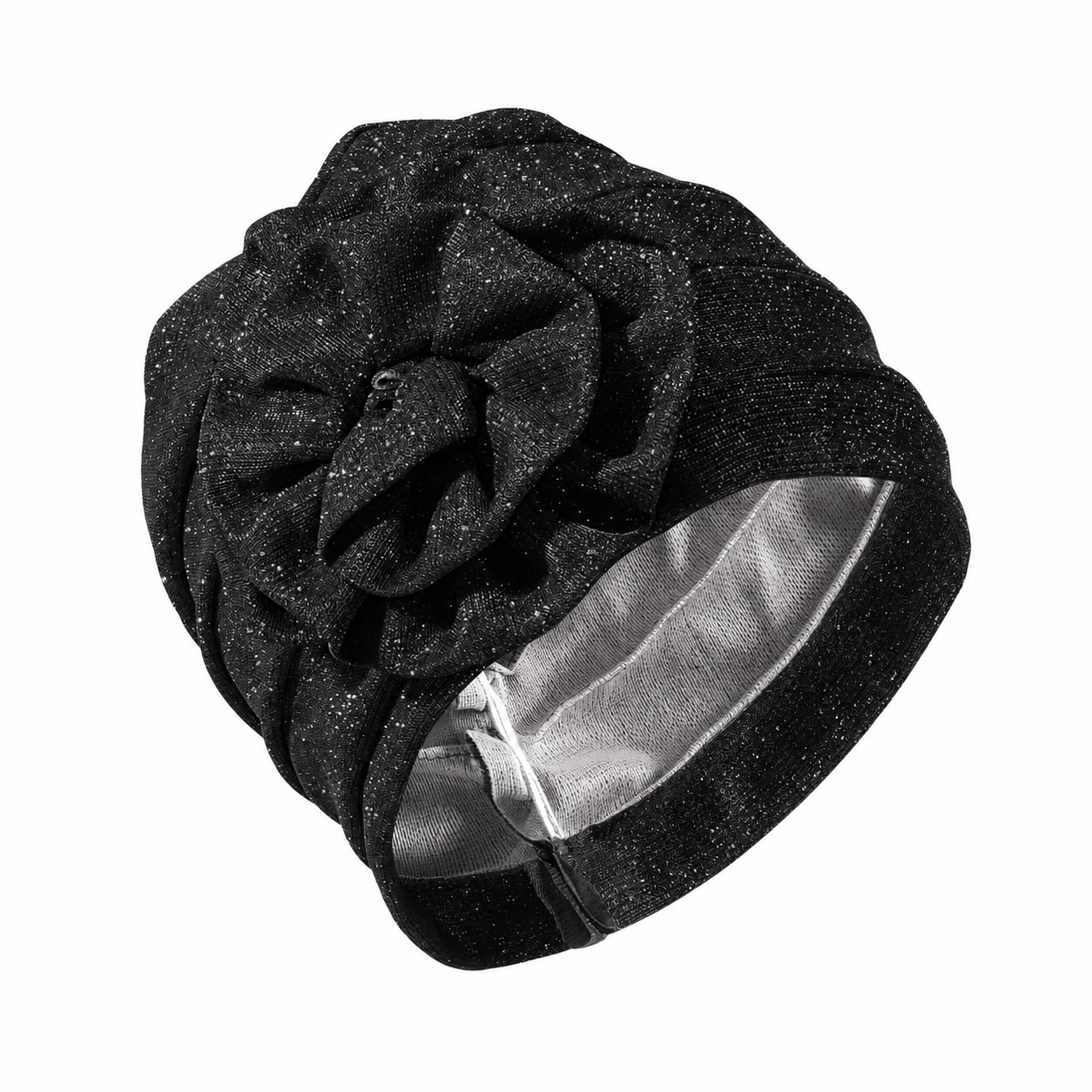 Shimmer Polyester Flower Turban Hat — Black